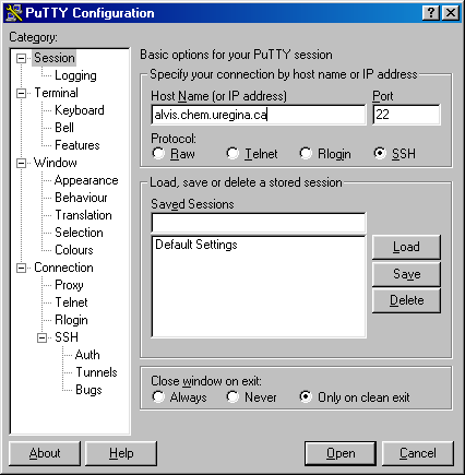 A window dump of PuTTY's configuration dialog